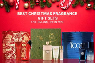 Festive image showcasing top Christmas fragrance gift sets for him and her, including iconic luxury brands.