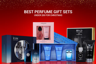 Top perfume gift sets under $50 for Christmas featuring luxury scents in a festive red display.