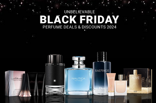 Black Friday 2024 Perfume Deals & Discounts featuring various perfume bottles from brands like Nautica, Dior Sauvage, Montblanc, and more, displayed.