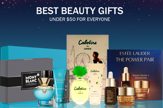 Best beauty gifts under $50 featuring Mont Blanc, Versace, Cabotine, and Estée Lauder sets for all.