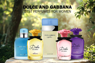 Dolce & Gabbana women's perfumes: Light Blue, Shine, Garden, and Violet bottles in a natural setting.