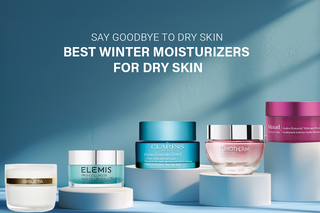 Best winter moisturizers for dry skin: Sisleya, Elemis, Clarins, Biotherm, Murad on a blue backdrop.