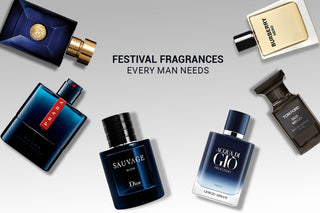 Collection of festival fragrances for men featuring Versace, Prada, Dior, Burberry, Armani, and Tom Ford.