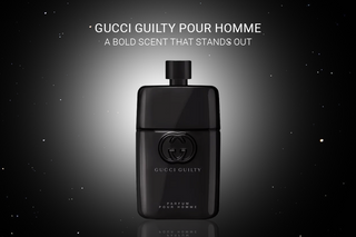 Gucci Guilty Pour Homme bottle on a sleek black background with text 'A Bold Scent That Stands Out