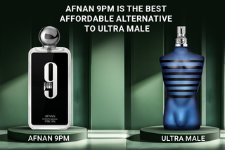 Comparison of two fragrances displayed on green podiums: Afnan 9PM on the left, labeled as an affordable alternative to Ultra Male, which is shown on the right.