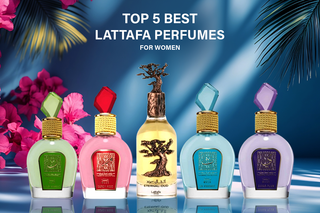 Top 5 Best Lattafa Perfumes for Women with vibrant bottles and floral-themed backdrop.