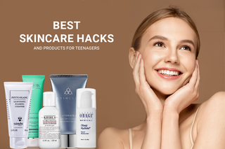 Teenage girl with glowing skin and top skincare products: Sisley, Biotherm, Kiehl's, Cosmedix, Obagi.