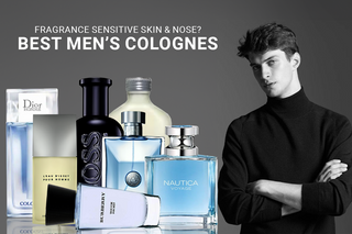 Men's colognes displayed with a male model beside them, capturing a range of gentle, skin-friendly fragrances ideal for sensitive skin and noses.