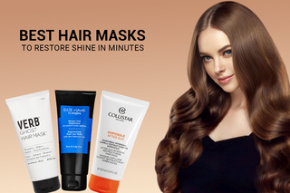 Image showcasing best hair masks for shine restoration, featuring Verb Ghost, Hair Ritual, and Collistar.