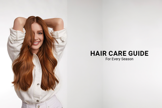 Smiling woman with long, wavy red hair wearing a white shirt, holding her hands behind her head, next to the text 'HAIR CARE GUIDE For Every Season' on a light background.