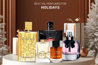 Holiday banner featuring six YSL perfumes arranged as festive gift ideas, perfect for seasonal gifting.