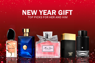  Top perfumes for her and him, including Giorgio Armani, Versace, Miss Dior, Tom Ford, and Montblanc on a festive red background.