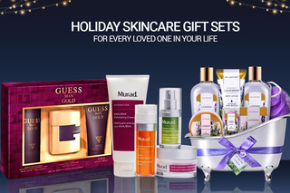 Holiday skincare gift sets featuring Guess Man Gold, Murad skincare, and Spa Luxetique lavender products, perfect for loved ones.