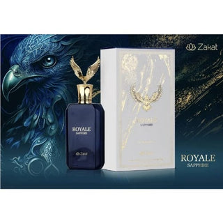 Side view featuring the Royal Sapphire By Zakat bottle, paired with its elegant box, reflecting sophistication and allure. Explore the essence of regal elegance at fragrancedealz.com