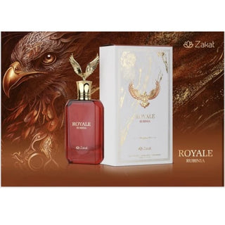 Side view featuring the Royal Rubina By Zakat bottle, paired with its elegant box, reflecting sophistication and allure. Explore the essence of luxury at fragrancedealz.com