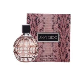 The alluring Jimmy Choo Perfume for Women bottle positioned in front of its stylish box, creating a captivating display of fragrance and packaging, on Fragrancedealz.com