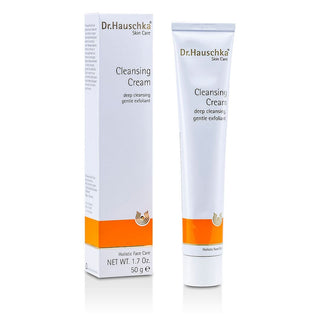 Tube of Dr. Hauschka Cleansing Cream, 1.7oz, with natural ingredients backdrop.