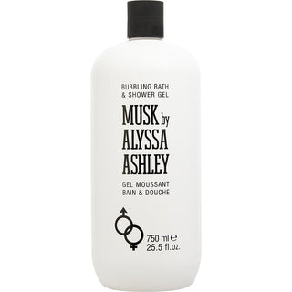 A sleek, 25.5oz bottle of Alyssa Ashley Musk Shower Gel, with a minimalist design and a backdrop of soft floral elements.