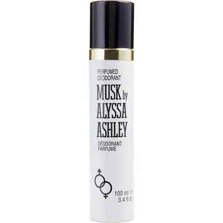 A sleek, 3.4oz bottle of Alyssa Ashley Musk Deodorant Spray, with a minimalist design and a backdrop of soft floral elements.