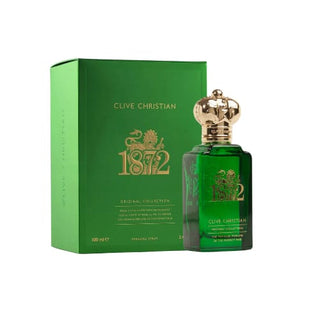 1872 by Clive Christian with its bottle and box at FragranceDealz.com. The bottle is displayed alongside the elegant green colored casing.