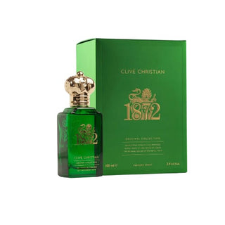 1872 Clive Christian perfume bottle  positioned gracefully on the left side before its greenish box on Fragrancedealz.com