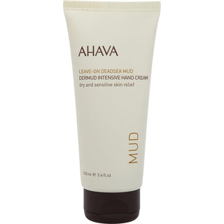  Ahava LeaveOn Deadsea Mud Dermud Intensive Hand Cream 3.4oz tube with Dead Sea mud illustration.