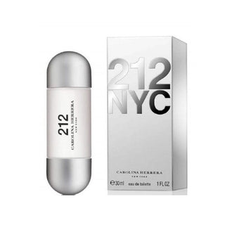 212 Perfume with its bottle and box at FragranceDealz.com. The sleek silver bottle is displayed alongside the matching box, offering a modern and elegant presentation.