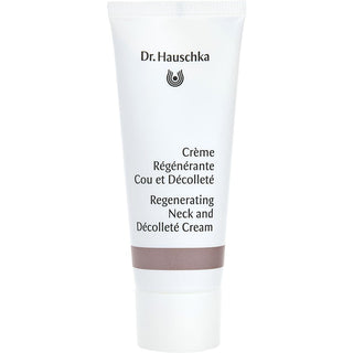 Dr. Hauschka Regenerating Neck and Décolleté Cream 1.41oz jar with botanical elements.