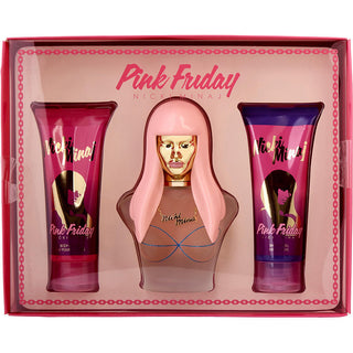 Nicki Minaj Pink Friday perfume set with Eau de Parfum Spray, Body Lotion, and Shower Gel.