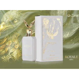 Opposite side view featuring the Royale Opal By Zakat bottle and its elegant box, highlighting their sophisticated design and luxurious allure. Explore the essence of opulence at fragrancedealz.com