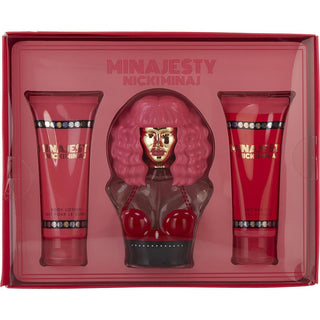 Nicki Minaj Minajesty Eau de Parfum Spray 3.4 oz, Body Lotion 3.4 oz, and Shower Gel 3.4 oz set.