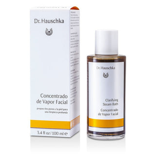 Dr. Hauschka Clarifying Steam Bath 3.4oz bottle with steam and botanical elements.