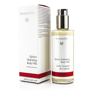 Dr. Hauschka Quince Hydrating Body Milk 4.9oz bottle with quince fruits.