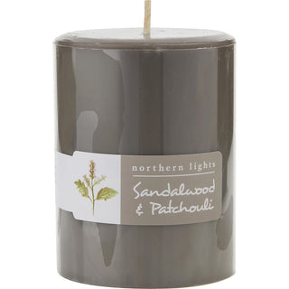 SANDALWOOD & PATCHOULI by Northern Lights - ONE 3x4 inch PILLAR CANDLE.  BURNS APPROX.