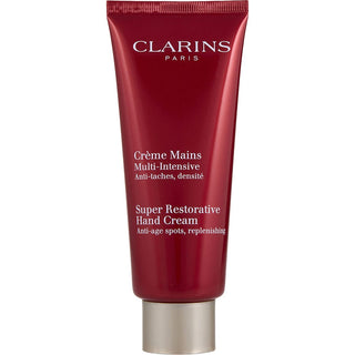 Clarins Super Restorative Hand Cream 3.3oz - luxurious hand cream for mature skin in a sleek red tube.