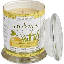 AMBIANCE AROMATHERAPY by Ambiance Aromatherapy - ONE 3.7x4.5 inch MEDIUM GLASS PILLAR SOY AROMATHERAPY CANDLE.  COMBINES THE ESSENTIAL OILS OF ORANGE & LEMONGRASS. BURNS APPROX.