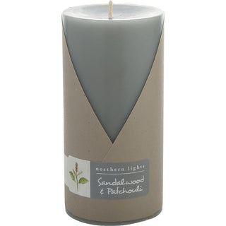 Sandalwood & Patchouli 3x6 inch Pillar Candle for long-lasting fragrance, available at fragrancedealz.com