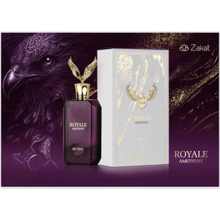 Side view featuring the Royal Amethyst Perfume By Zakat bottle, paired with its elegant box, reflecting sophistication and allure. Explore the essence of luxury at fragrancedealz.com