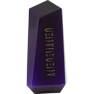 A sleek bottle of Alien Beautifying Body Lotion 6.8oz, with a design inspired by the iconic Alien fragrance, set against a cosmic background, emphasizing its luxurious and otherworldly properties.