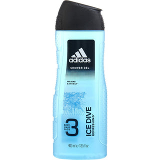 Adidas Ice Dive 3 Body, Hair & Face Shower Gel 13.5oz bottle with a cooling, dynamic design.