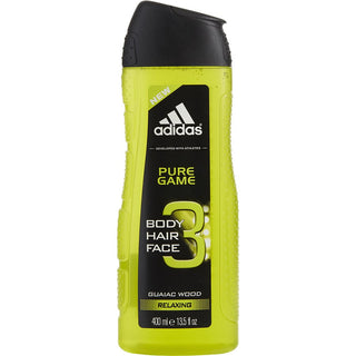 Adidas Pure Game Body, Hair & Face Shower Gel 13.5oz bottle with a bold, dynamic design.