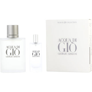 Acqua di Gio Gift Set with 3.4oz and 0.5oz EDT spray bottles, featuring the iconic fragrance.