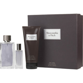 Abercrombie & Fitch First Instinct EDT Spray 3.4oz, Hair and Body Wash 6.7oz, and EDT Spray 0.5oz set.