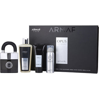 Armaf Opus fragrance set including Eau de Toilette, Perfume Body Spray, Shower Gel, and Shampoo.