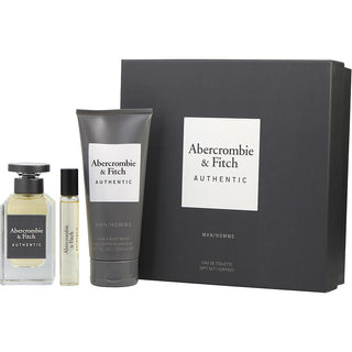 Abercrombie & Fitch Authentic EDT Spray 3.4oz, Body Wash 6.7oz, and Mini EDT 0.5oz set.