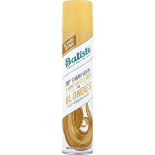 Batiste Dry Shampoo Brilliant Blonde Hint of Color 6.7oz spray can with sleek design.