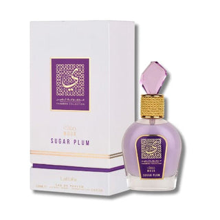 Side view showcasing the charming Sugar Plum By Lattafa bottle, paired with its elegant box, reflecting sweetness and allure. Explore the essence of delight at fragrancedealz.com