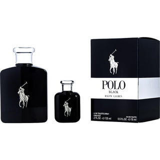 Two bottles of Polo Black EDT Spray, one 4.2 oz and one 0.5 oz.