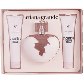 Ariana Grande Thank U Next fragrance set including a 3.4oz Eau de Parfum Spray, 3.4oz Body Souffle, and 3.4oz Shower Gel.