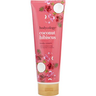 Bodycology Coconut Hibiscus Body Cream, 8oz tube with tropical design. Buy now at fragrancedealz.com.